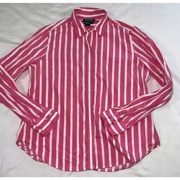 LAUREN RALPH LAUREN Shirt Womens Size L Pink White Stripes Fitted Button Preppy - Picture 1 of 10